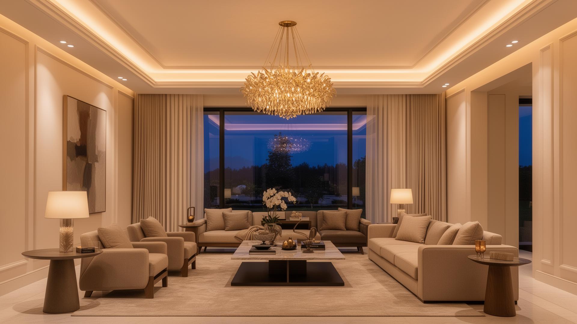 Warm modern living room with recessed lighting and elegant chandelier